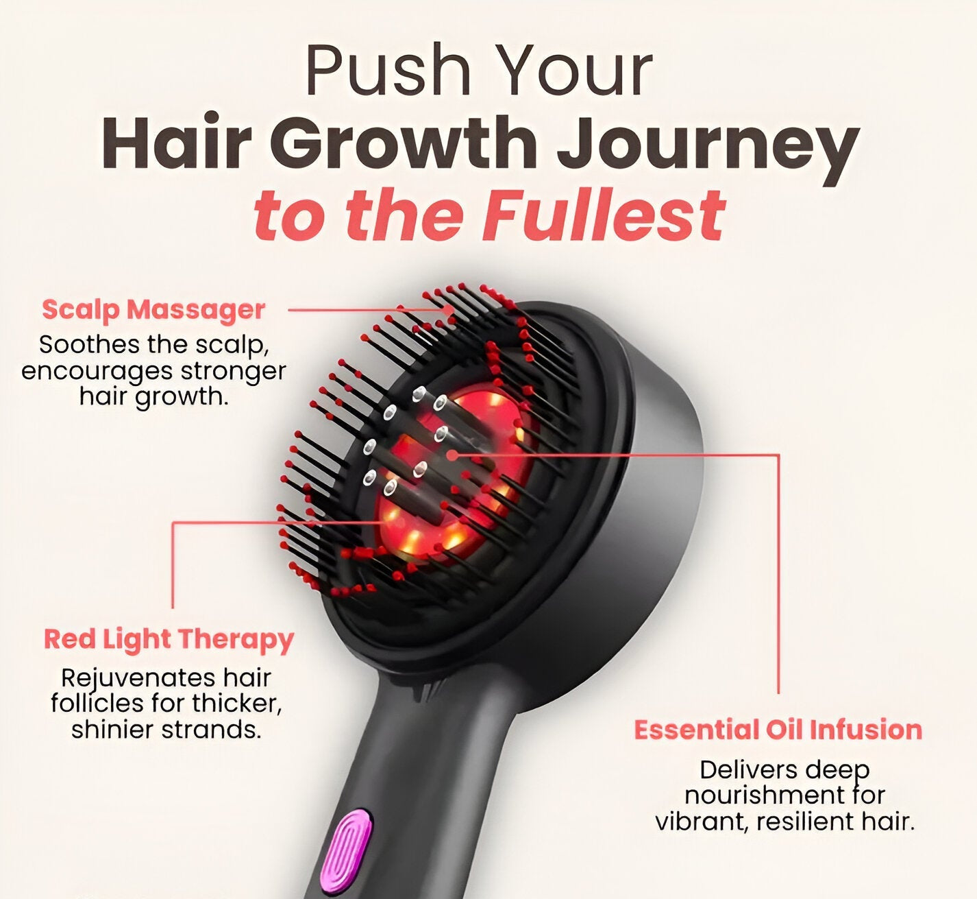 Hair growth tool with red light therapy and scalp massager on a white background